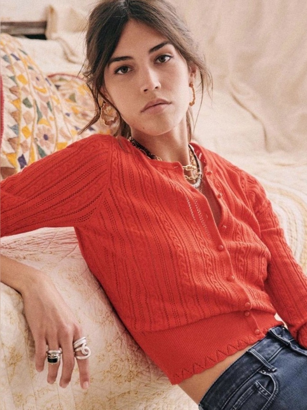Sezane Red Scoop-Neck Button Cardigan